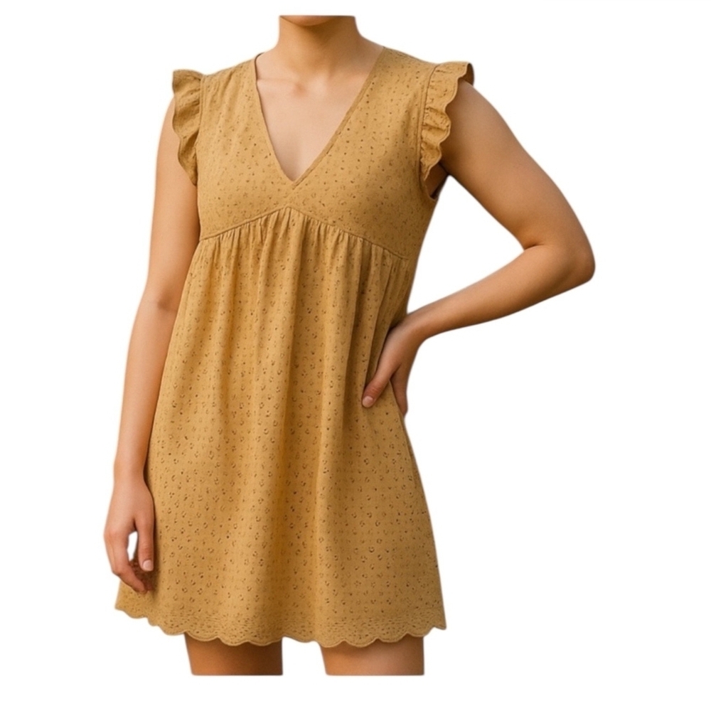 Knox Rose Mustard Eyelet V-Neck Ruffle Sleeve Mini Dress